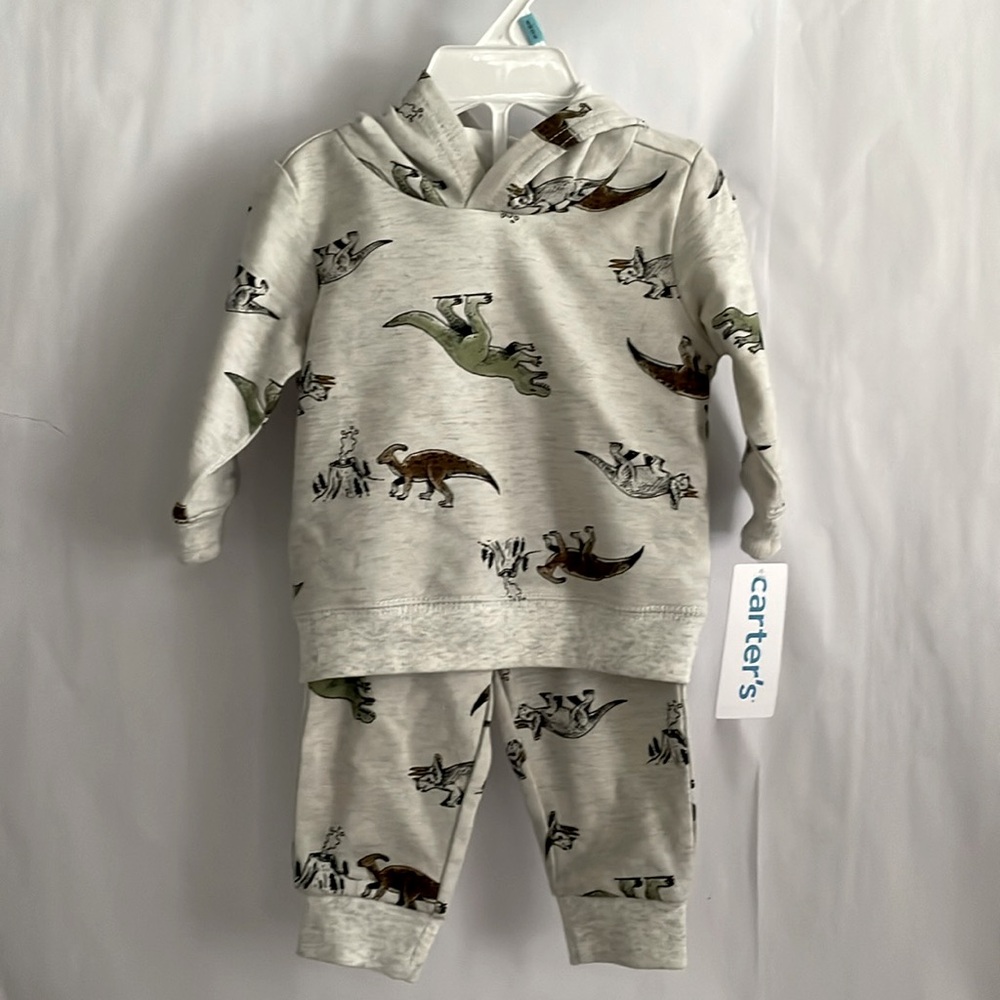 Carter’s 2-pc Hoodie w/ Joggers Light Gray Dino Pattern 6 months